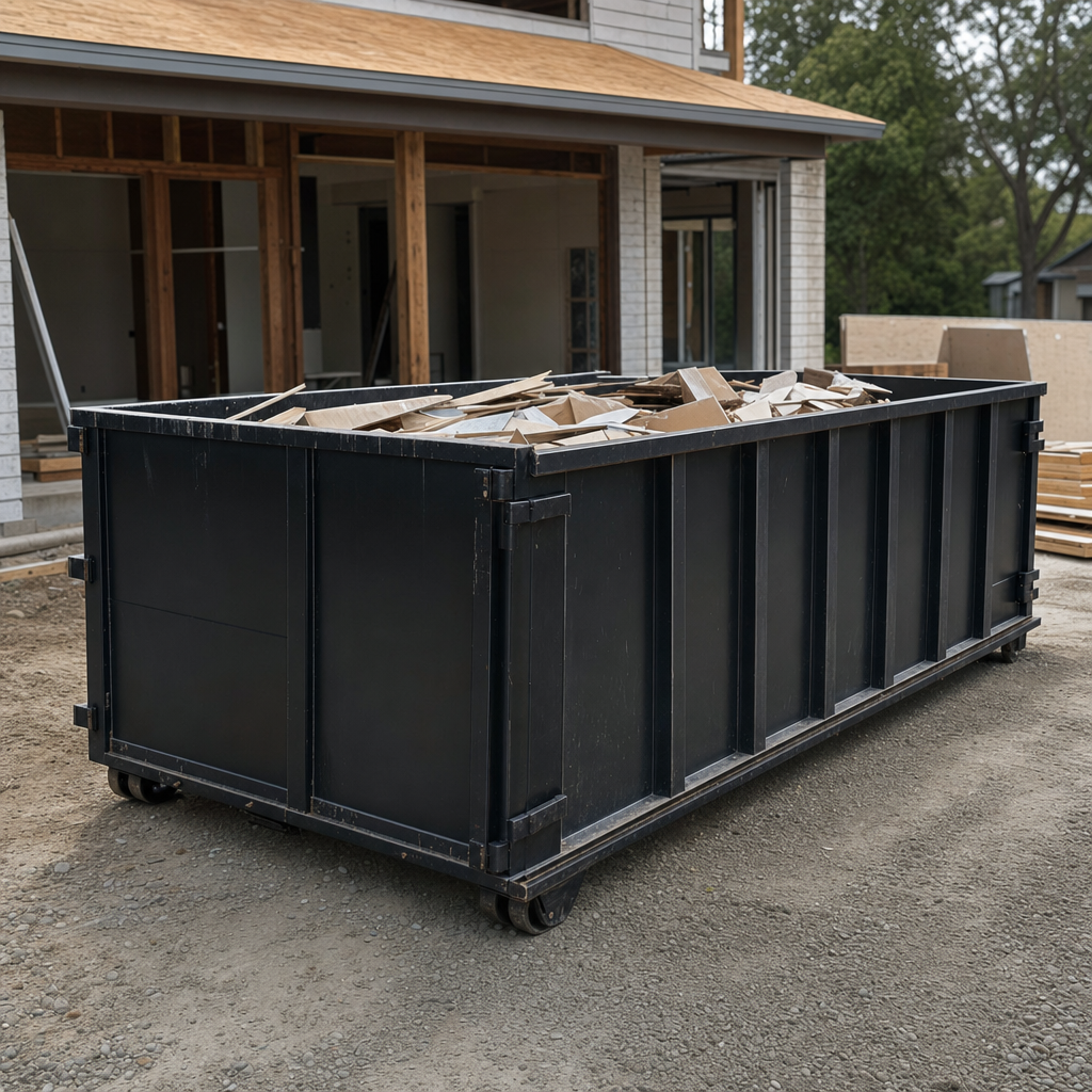 Large matte-black 30-yard construction roll-off dumpster at an active Olathe jobsite, steel-gray top rails and bottom rollers visible, loaded with construction debris.