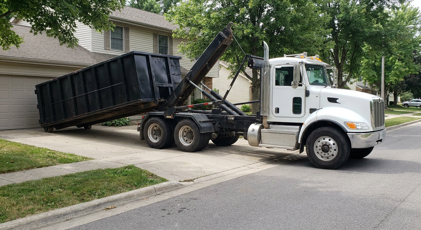 White-cab hooklift roll-off truck actively lowering a matte-black dumpster onto a Olathe residential concrete driveway, the dumpster's rear wheels touching the driveway as the hoist arm tilts the bed forward, mid-morning daylight.