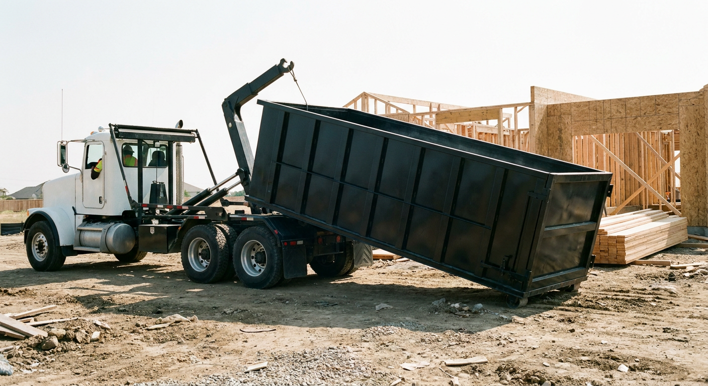 Matte-black roll-off dumpster being delivered onto a clean residential concrete driveway in Olathe by an unmarked white hooklift hauler truck, bright morning daylight, documentary 35mm perspective.